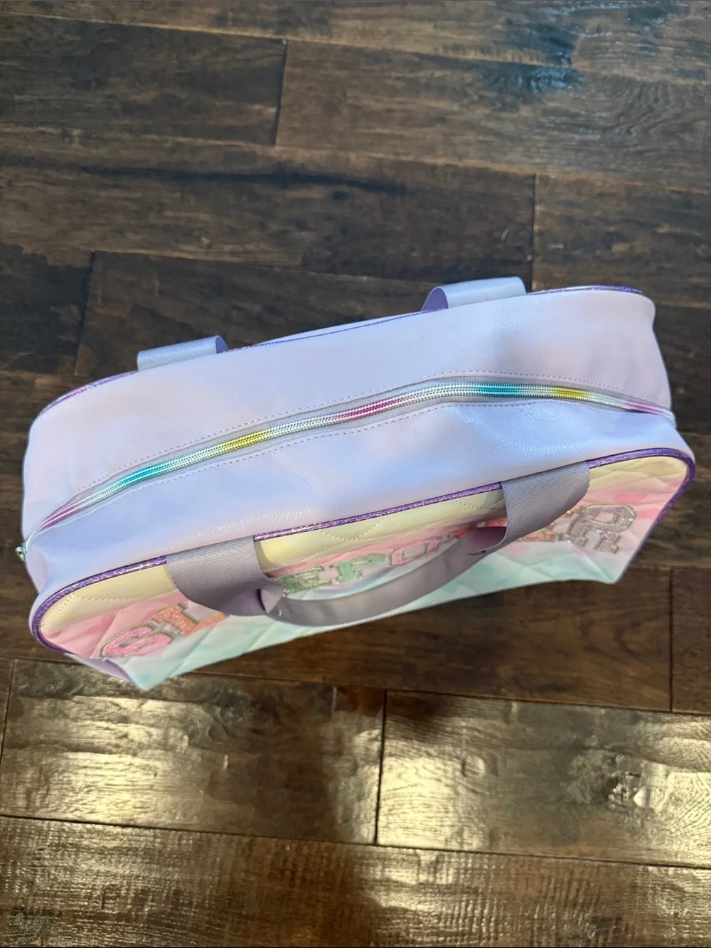 Pastel Rainbow Quilted Kids Sleepover Tote Bag - 'SLEEPOVER' Glitter Letters